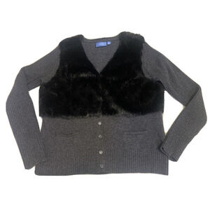 Simply Vera -Vera Wang Sweater Womens XL Extra-Large Grey Wool Faux Fur Cardigan